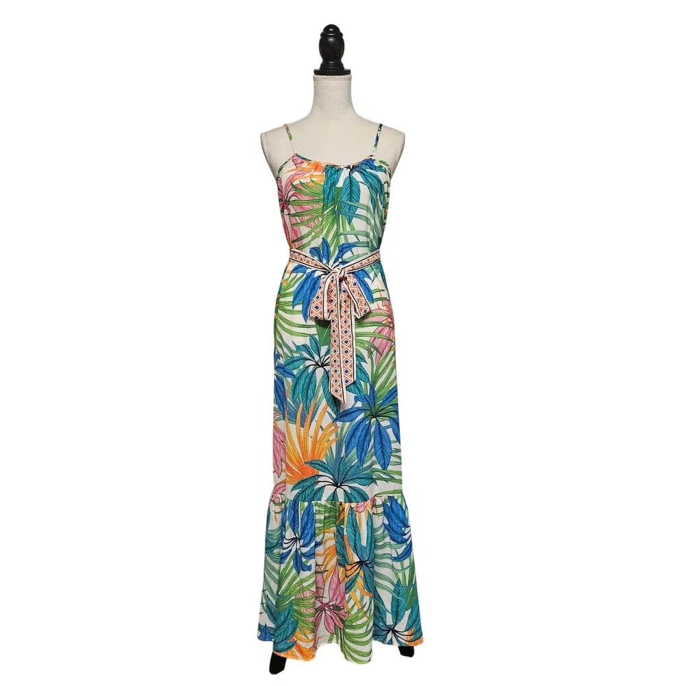 Flying Tomato Tropical Floral Belted Maxi Dress Size S Beach Resort - Picture 2 of 9